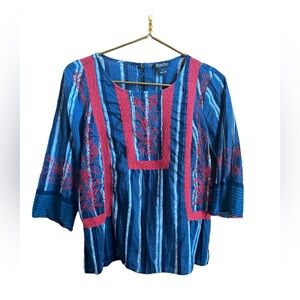Lucky Brand Red Blue Boho Peasant Festival Tunic Style Top 3/4 Sleeves Medium